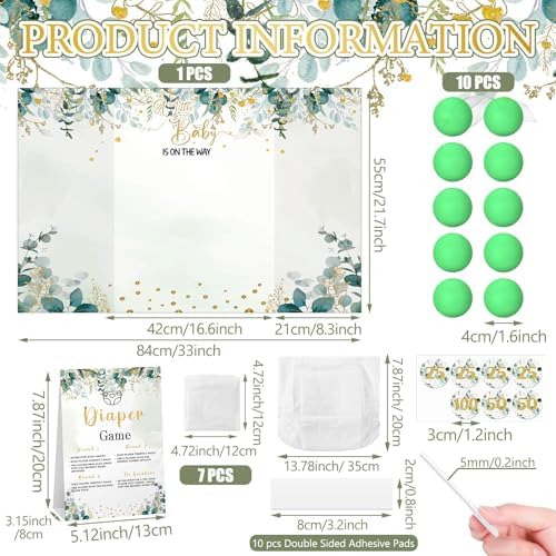 Ctosree 31 Pieces Greenery Baby Shower Diaper Game 1 Diaper Baby Shower Game Board 7 Diapers 10 Plastic Balls 1 Organza Bag for Bridal Games Boy Girl - Image 3