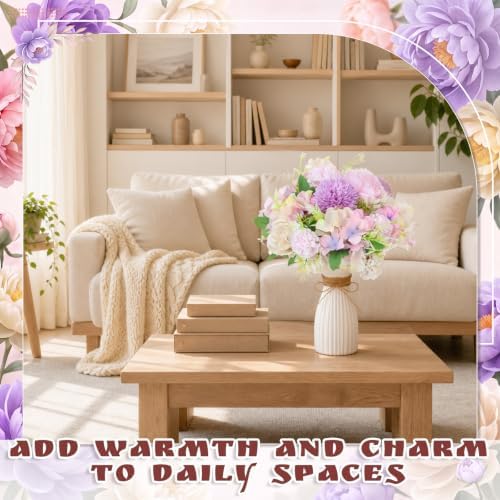 12 Set Artificial Hydrangea Peony Flowers with Vase, Purple - Image 6