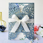 50Pcs Personalized Dusty Blue Wedding Invitations Cards Kits 5'' x 7.3'' Laser Cut Hollow Rose Flora Pocket with Envelopes for Wedding Bridal Shower Quinceanera Invite by KUCHYNEE