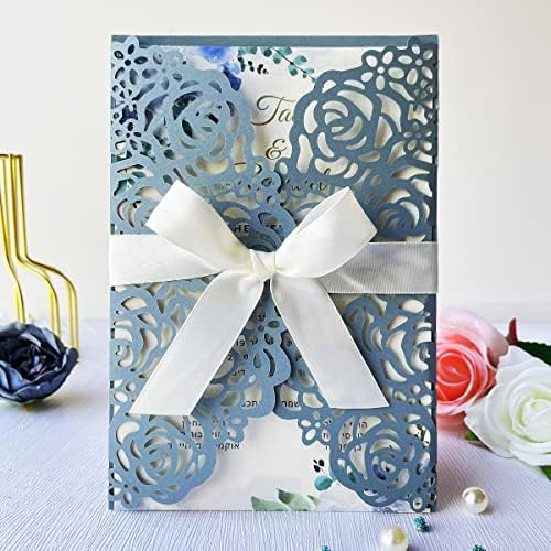50Pcs Personalized Dusty Blue Wedding Invitations Cards Kits 5'' x 7.3'' Laser Cut Hollow Rose Flora Pocket with Envelopes for Wedding Bridal Shower Quinceanera Invite by KUCHYNEE