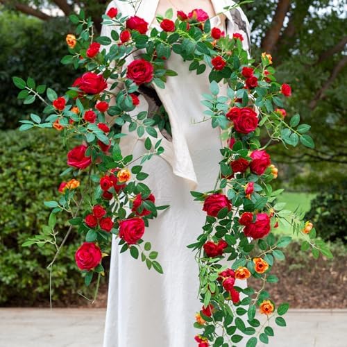 2 PCS 12FT Bendable Flower Garland, Fake Rose Vine for Home Decor,Red - Image 4