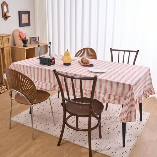 vctops Farmhouse Red Stripe Ruffle Table Cloth, Boho Cotton Linen Tablecloth, Washable Table Cover for Square Table Baby Shower Kitchen Party Wedding Decor (Red A,70"x70") - Image 3
