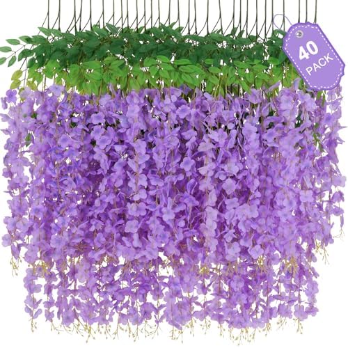 Waipfaru 40 Pack Purple Wisteria Hanging Flowers, Fake Hanging Flowers for Decoration, Artificial Flowers,Vines for Bedroom,Flower Garland for Home,Party,Garden, Wall,Wedding Decoration(3.6 Ft/Pcs) by Waipfaru