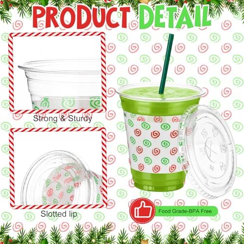 50 Pack Christmas Plastic Cups with Lids and Straws 12oz Lime Green and Red - Image 3