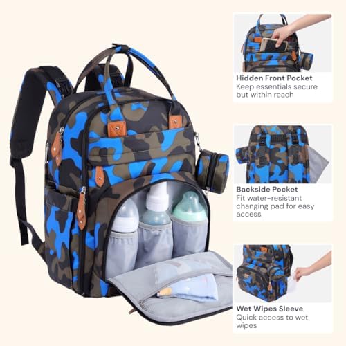 BabbleRoo Diaper Bag Backpack - Baby Essentials Travel Tote - Multi Function Water Resistant Diaper Bag, Travel Essentials Baby Bag with Changing Pad, Stroller Straps & Pacifier Case - Blue Camo - Image 5