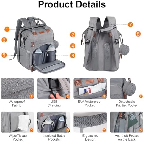 Diaper Bag Backpack with Changing Station, Grey - Image 3
