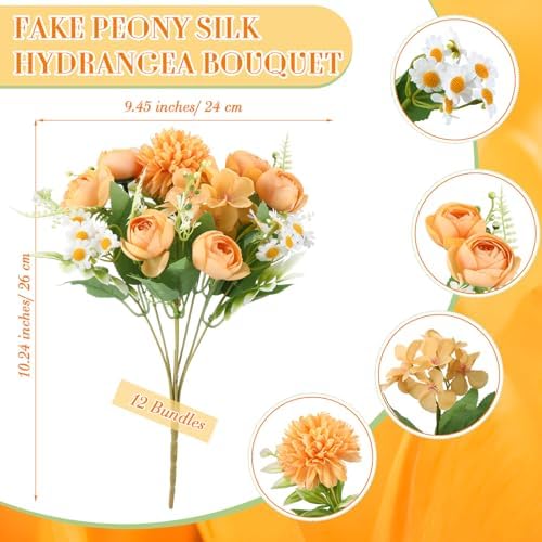 Tigeen 12 Bundles Peonies Artificial Flowers Faux Roses, Yellow - Image 2