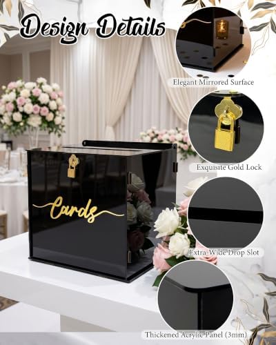 Black Acrylic Wedding Card Box with Slot and Lock, Modern Mirror Card Holder for Reception, Graduation, Gothic Party, Bridal, Baby Shower, Birthday, Elegant Decorative Gift Boxes for Money Envelope - Image 4