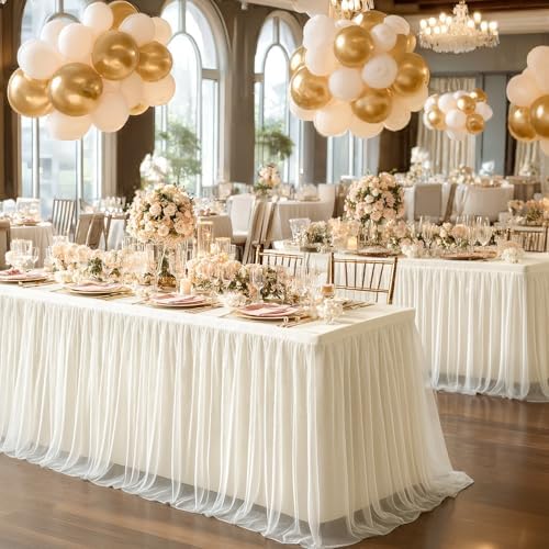 Ivory Tablecloth for 8 Foot Rectangle Tables with Ruffle Tulle Table Skirt - Image 4
