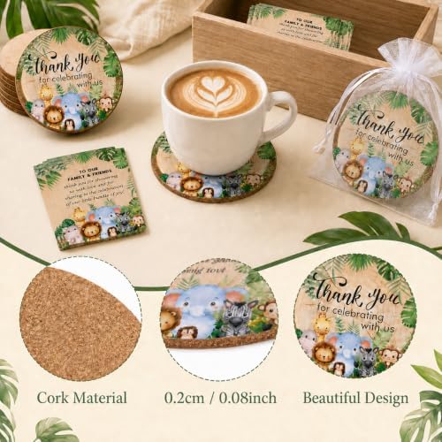 Cinrobiye 50 Set Safari Baby Shower Favor Set, Jungle Animal Cork Drink Coasters with Thank You Cards, Baby Shower Guest Favors, Safari Baby Shower Decorations, Gender Neutral Party Supplies - Image 3