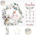 Personalized Baby Milestone Blanket for Boys Girls Baby Month Blanket- First Year Calendar Monthly Growth Chart - White Dog Print Halloween Birthday Gifts for Infant Todder by Dyoart
