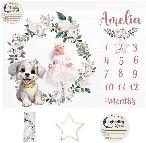 Personalized Baby Milestone Blanket for Boys Girls Baby Month Blanket- First Year Calendar Monthly Growth Chart - White Dog Print Halloween Birthday Gifts for Infant Todder by Dyoart
