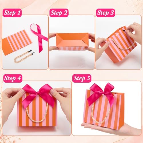 FunooFuno 50 Pack Orange Stripe Gift Bags with Pink Bows, 5.5 inches - Image 3