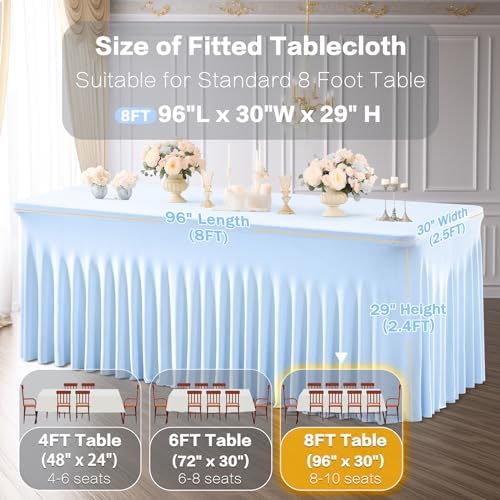 Shillance 2 Pack Baby Blue Spandex Table Clothes for 8 Foot Rectangle Tables, Wrinkle Free Fitted Tablecloths Stretch Ruffles Table Cover for Party, Banquet, Wedding and Events - Image 3