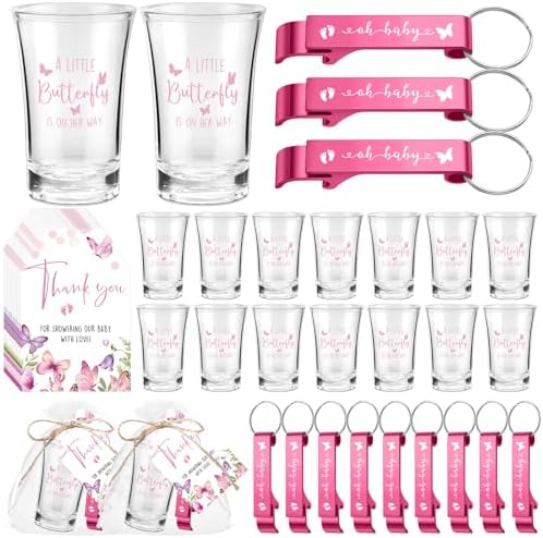 50 Sets Baby Shower Favors Shot Glasses Keychain Gifts, Butterfly, Pink by Singhoow
