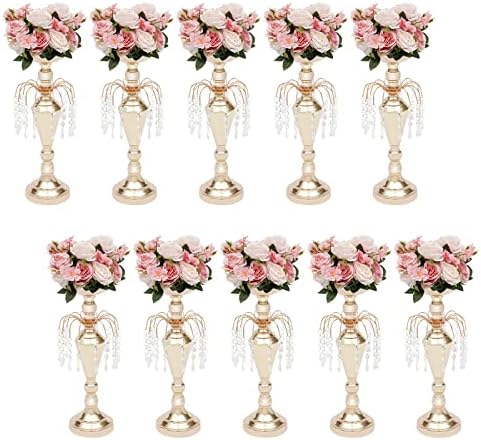 10PCS Flower Vases Table Decorations, 17.7Inch Wedding Tall Trumpet Vases Metal Tall Vase Centerpieces for Event Restaurant Hotel Party Acrylic Bead by LIYUANJUN