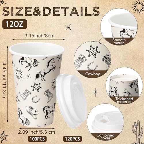 Funnymoom 100 Pieces Western Cowboy Cowgirl Disposable Paper Cups with 120 Lids 12oz Coffee Wild West Rodeo Coffee Cups for Baby Shower Rodeo Bachelorette and Birthday Party Supplies - Image 2