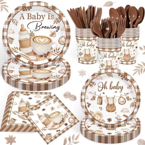 168PCS Coffee Baby Shower Party Supllies A Baby Is Brewing Party Decorations Cafe Themed Gender Reveal Tableware Plates Cups Napkins Cups Dinnerware for 24 Guests by Unknown