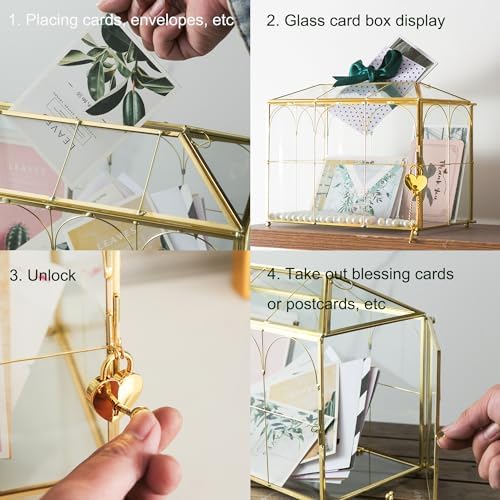 Glass Wedding Card Box with Slot, 10.2'' Large Clear Card Box Gold Brass Gift Card Storage Box with Lock Perfect for Wedding Receptions, Baby Shower, Birthday Party, Bridal Shower - Image 5