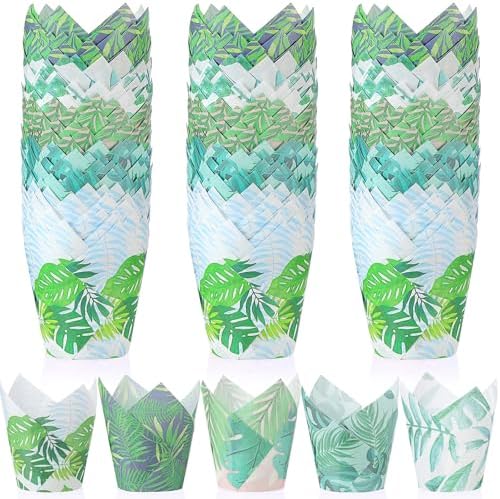 Havawish 500 Counts Greenery Tulip Cupcake Liners Tropical Hawaiian Baking Cups Palm Leaf Muffin Liners Greaseproof Cupcake Wrapper Tulip Paper Baking Cup for Tiki Luau Baby Shower Party Decoration - Image 2