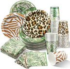 Domensi 220 Pcs Jungle Safari Animal Party Supplies Serves 40 Guest Safari Theme Tableware Set Disposable Wild Animal Print Paper Plate Cup and Napkin for Jungle Baby Shower Birthday Party Decoration by Domensi