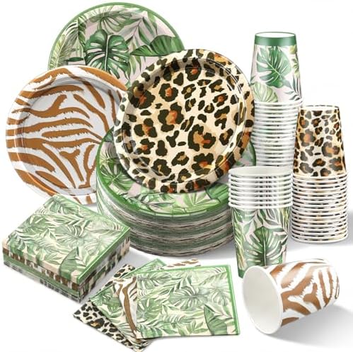 Domensi 220 Pcs Jungle Safari Animal Party Supplies Serves 40 Guest Safari Theme Tableware Set Disposable Wild Animal Print Paper Plate Cup and Napkin for Jungle Baby Shower Birthday Party Decoration by Domensi