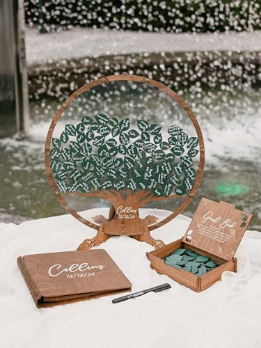 Rustic Guest Book Alternative Set with 100 135 Leaves - Custom Wedding Wooden Family Signing Tree Guest Book - Round Wooden Drop Box Frame - Handcrafted Engraved Wedding Decoration & Keepsake (Green) - Image 7