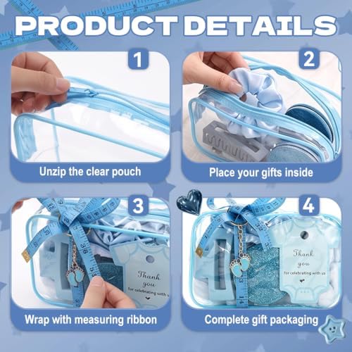 74PCS Baby Shower Prizes for Game Winners with Clear Makeup Bags Glitter Mirrors Belly Rulers Baby Feet Keychains Headbands Hair Claws for Baby Shower Games and Bridal Shower Favors (Blue, 6 Sets) - Image 3
