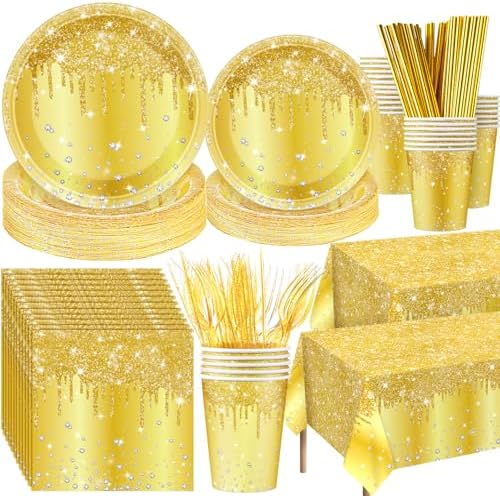 Funnymoom 452 Pcs Gold Birthday Party Decorations Include Golden Diamond Paper Plates and Napkins Cups Tablecloth Cutlery Straws Glitter Disposable Tableware for Birthday Anniversary Wedding by Funnymoom