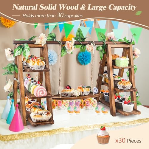 Wisreach Wooden 3 Tier Cupcake Stand with Swing and Flower Decoration Serving Removable Tray Display Serving Ladder Foldable Stand with Serving Platter Tray Party Food Display Set for Cake Snack Fruit Chips Bread Centerpieces Catering - Image 3