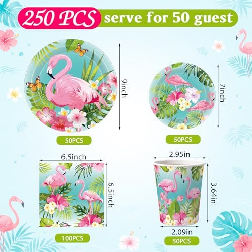 Pickmesh 250 Pcs Summer Flamingo Disposable Tableware Set Hawaiian Luau Party Supplies Tropical Paper Plates Napkins and Cups for Summer Beach Aloha Baby Shower Birthday Pool Party, Serve 50 Guest - Image 3