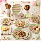 Mimorou 350 Pcs Pink and Green Striped Party Tableware for 50 - Image 2