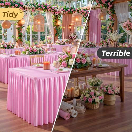 Pink Polyester Table Cloths for Rectangle 6 Foot Tables, 6 Pack Wrinkle Free Tablecloths Stretchy Banquet Ruffle Fitted Table Cover Desk Skirt for Parties Wedding Birthday Baby Shower - Image 6