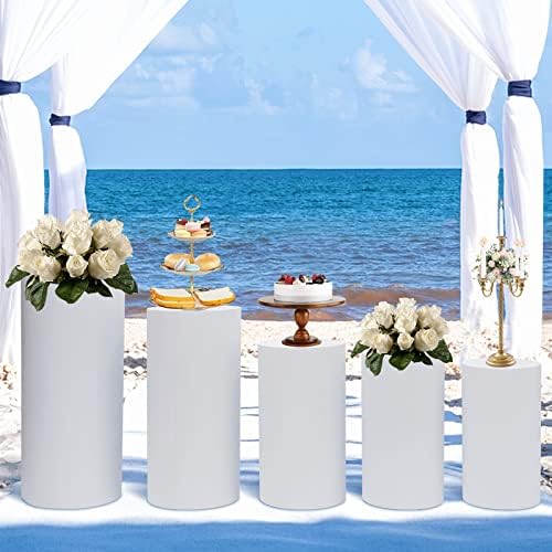 5-Piece Metal Cylinder Pedestal Stand Set - White Round Cake Display for Weddings/Birthdays, Reusable Party Decor with Floor-Standing Pillars & Plinths (5Pcs) - Image 6