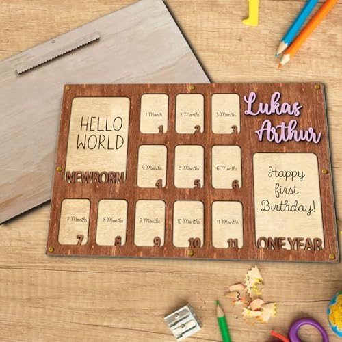Personalized My First Year Photo Frame | 12 Months Picture Frame For Baby First Year | Displays Two 4x6 Photo and Eleven 2x3 Pictures | Birthday Party Decor Newborn Memory Keepsake, Style MP1 - Image 2