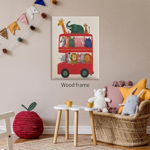 Wrapped Framed Cute Colorful Animal Canvas Wall Art Modern Funny Kids Posters Safari Animals On Red Bus Scene Prints For Toddler Bedroom Nursery Wall Decor 12x16 inch - Image 5
