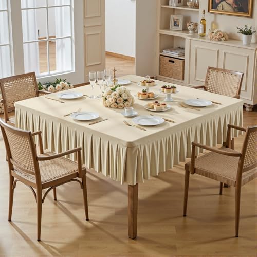 Wish Care Natural Spandex Tablecloths for 48x48 Inch Square Tables, Stretch Fitted Table Clothes with Pleated Ruffle Skirt for 48” Table, Wrinkle Free and Elastic, for Party Kitchen Home Dining by WishCare