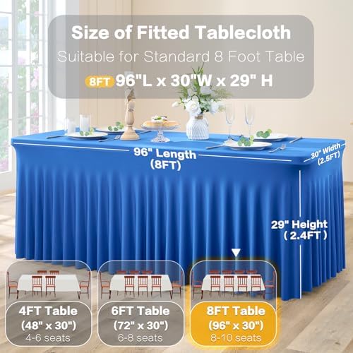4 Pack Spandex Royal Blue Tablecloths for 8 Foot Rectangle Tables, Wrinkle Free Fitted Table Cloth 8ft Blue Stretchy Tablecover Skirt for Parties Weddings Birthday Banquet Baby Shower - Image 6