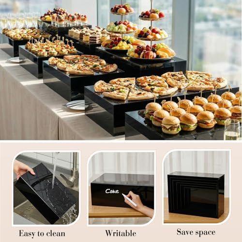 Leinuosen 7 Pcs Extra Large Buffet Risers Set 10" to 16" Rectangle Acrylic Display Box Catering Dessert Table Riser Food Display Decorative Stand with Hollow Bottom for Catering Supplies(Black) - Image 3