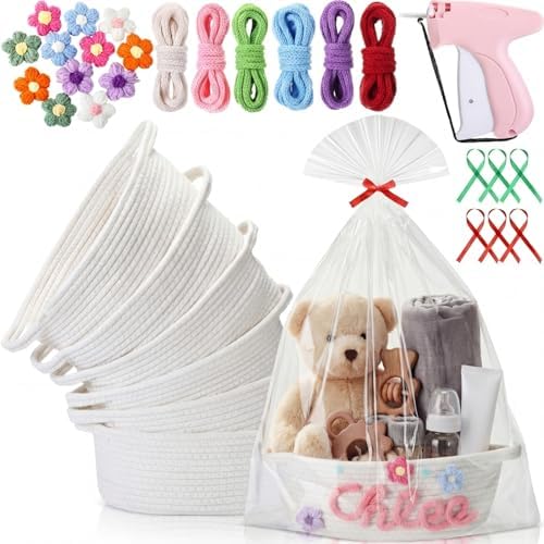 LemonRoad 6 Sets Small Woven Gift Basket DIY Rope Baskets for Gifts Empty with Handles Bags, Ribbons, Sewing Machine, Crochet, Dog Baby Toy Nursery Storage Bins 12"x 8"x 5" for Baby Showers Birthday by Unknown