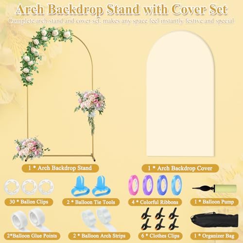 Jupwalz Arch Backdrop Stand and Cover Set, Metal Arch Stand with Rich Balloon Tool for Wedding Birthday Baby Shower Graduation Event Balloon Flowers Decor, Easy to Assemble (7.2FT, Beige) - Image 2