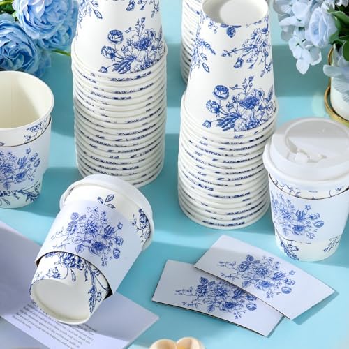 Vesici 60pcs 14oz Blue and White Disposable Coffee Cups with Lids and Sleeves Chinoiserie Toilet Floral Coffee Cup Botanical Herb Paper Cup for Summer Birthday Wedding Bridal Shower Tea Party Supplies - Image 6