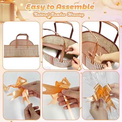 LuxDuo Father's Day 4 Set Foldable Baskets for Gifts Empty, Large Reusable Woven Bamboo Gift Basket Kit with Handle Wrap Bag Gold Bow for Mother's Day Baby Shower Birthday Wrapping, 12 Gift Cards - Image 3