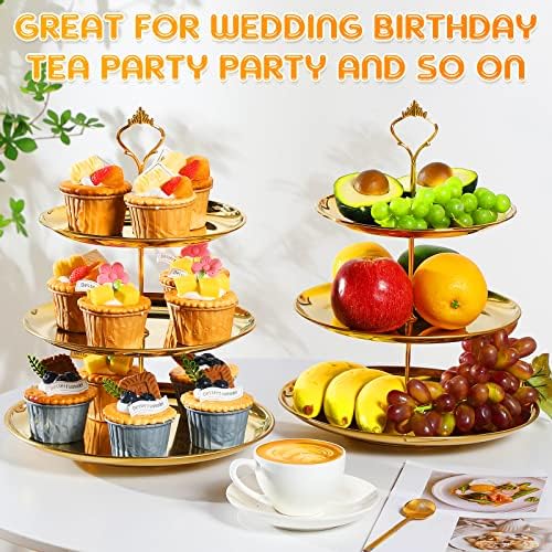 Yaomiao 2 Sets Gold 3 Tier Serving Tray with Base Stainless Steel Tiered Cupcake Stand Dessert Table Display Set Cup Cake Tier Stand Metal Cupcake Tower Fruit Dessert Holder Wedding Serving Platter - Image 3