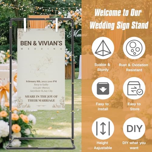 Blcak Wedding Sign Holder Adjustable Welcome to Our Wedding Sign Stand 68”x31”x 20”,Heavy Duty Easel Stand for Sign Include 6 Sign Hanging Straps &1 Storage Bag&Ground Stakes for Signs and Posters - Image 4