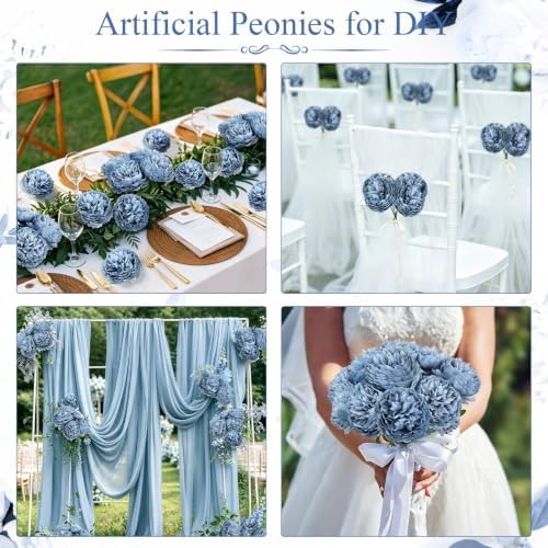 56 Pcs Peonies Artificial Flowers, 4.7’’ Fake Peony - Dusty Blue - Image 4