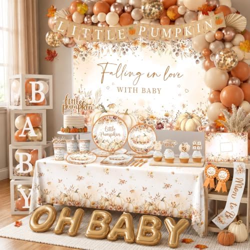 Fall Baby Shower Decorations, Little Pumpkin Baby Shower Decorations with Backdrop Little Pumpkins Plate and Napkins Backdrop Balloon Arch Box for Thanksgiving Fall Baby Shower - Image 5
