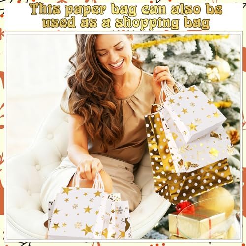Humyoun 24 Pack Christmas Paper Gift Bags Bulk Assorted Sizes, White,Gold - Image 6