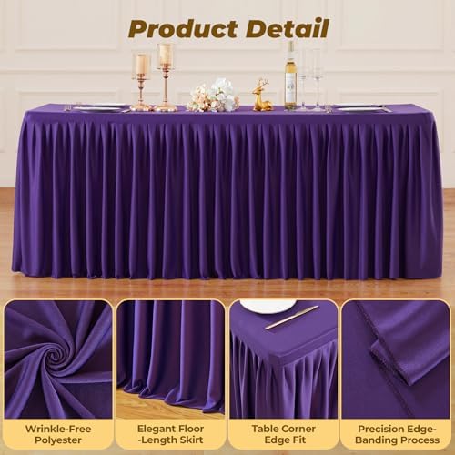 Purple Polyester Table Cloths for Rectangle 4 Foot Tables, 2 Pack Wrinkle Free Tablecloths Stretchy Banquet Ruffle Fitted Table Cover Desk Skirt for Parties Wedding Birthday Baby Shower - Image 4