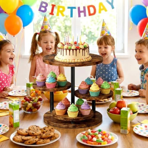 Cupcake Stand 4 Tier for 50 Cupcakes Wooden Cake Stand 360°Rotatable Dessert Stands Round Cookie Tiered Tray Stand for Party Birthday Wedding Baby shower Afternoon Tea Dessert Table, Brown - Image 2